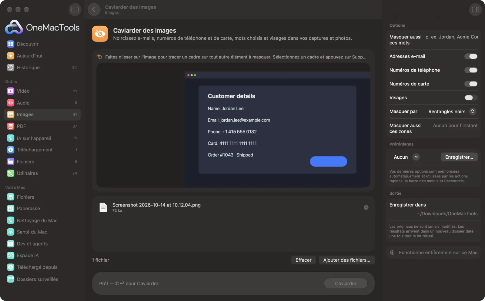 Caviarder des images dans OneMacTools sur un Mac, avec des fichiers d’exemple et ses options