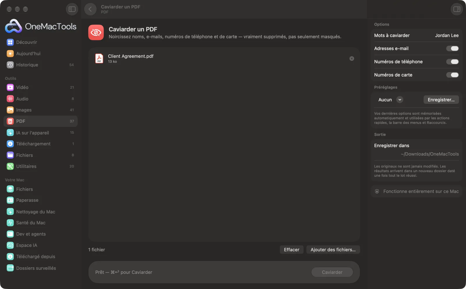 Caviarder un PDF dans OneMacTools, avec des fichiers d’exemple chargés et le panneau d’options ouvert