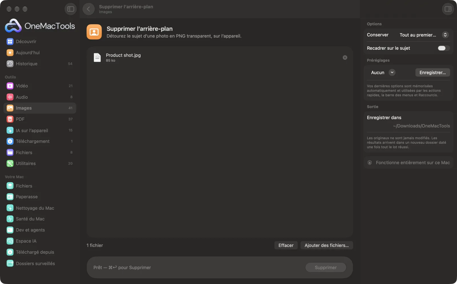 Supprimer l’arrière-plan dans OneMacTools, avec des fichiers d’exemple chargés et le panneau d’options ouvert
