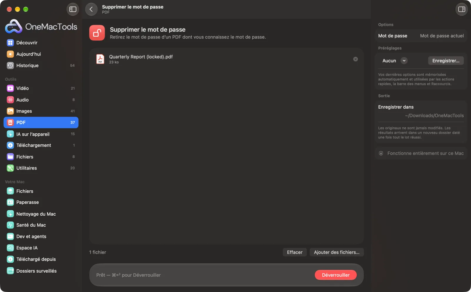 Supprimer le mot de passe dans OneMacTools sur un Mac, avec des fichiers d’exemple et ses options
