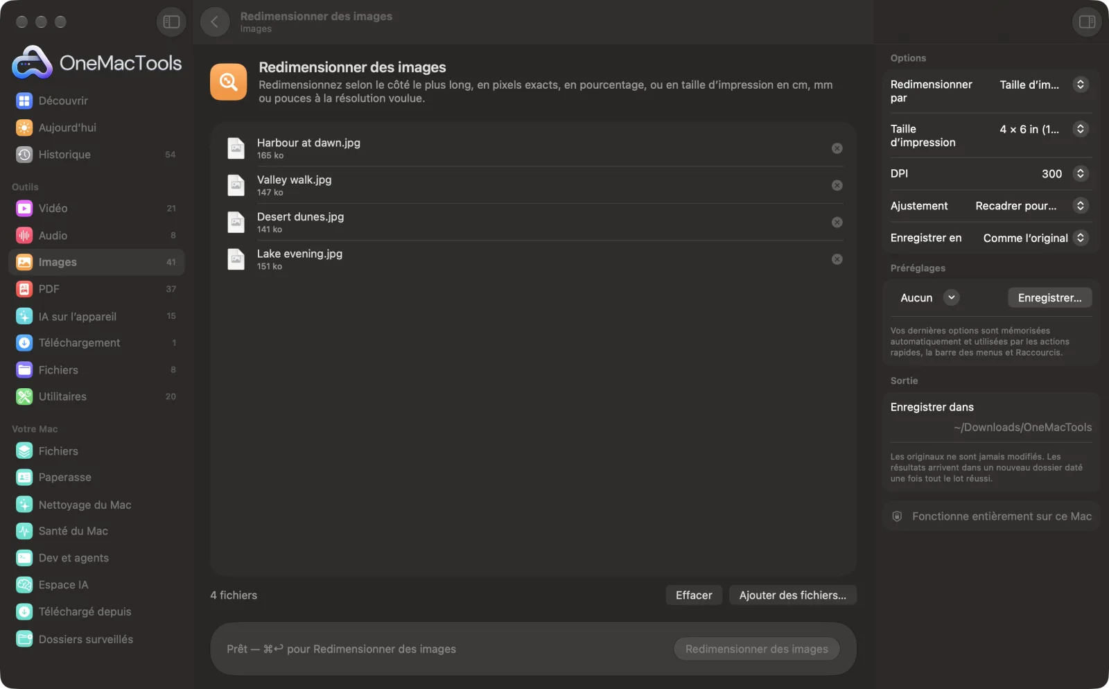 Redimensionner des images dans OneMacTools sur un Mac, avec des fichiers d’exemple et ses options
