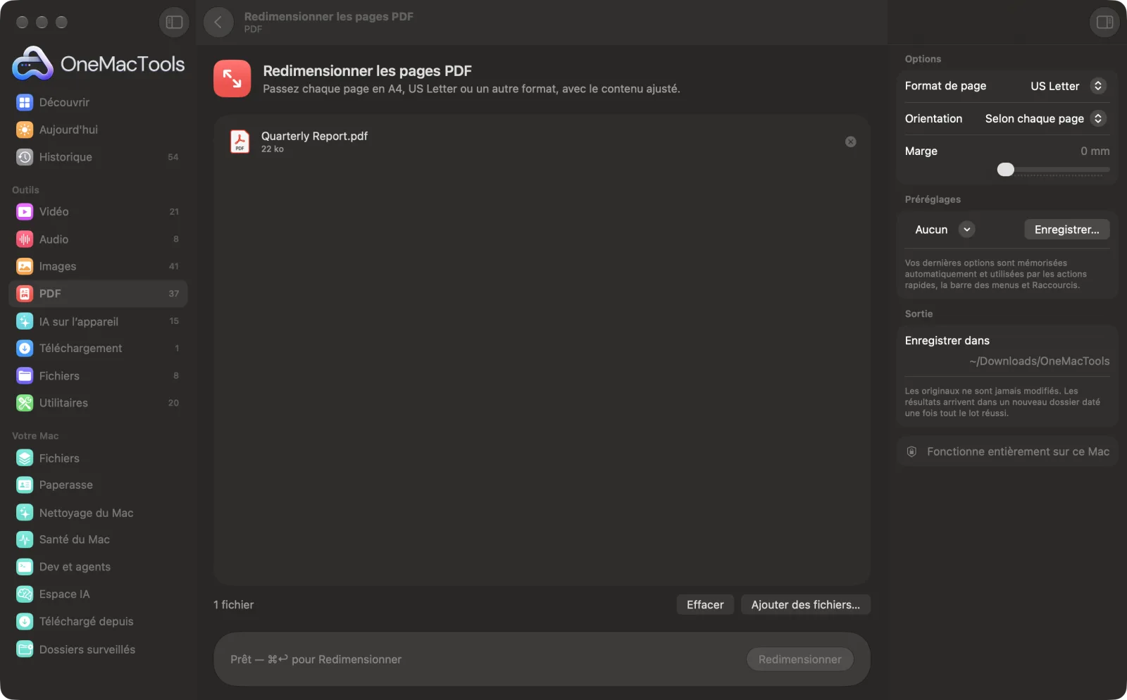 Redimensionner les pages PDF dans OneMacTools sur un Mac, avec des fichiers d’exemple et ses options