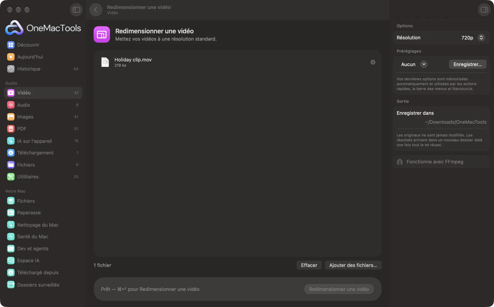 Redimensionner une vidéo dans OneMacTools sur un Mac, avec des fichiers d’exemple et ses options