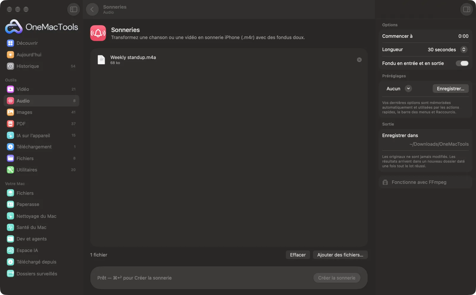 Sonneries dans OneMacTools sur un Mac, avec des fichiers d’exemple et ses options