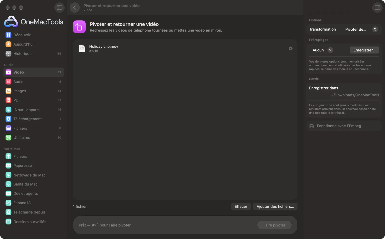 Pivoter et retourner une vidéo dans OneMacTools sur un Mac, avec des fichiers d’exemple et ses options