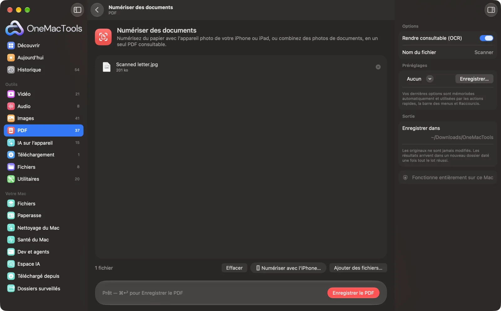 Numériser des documents dans OneMacTools sur un Mac, avec des fichiers d’exemple et ses options