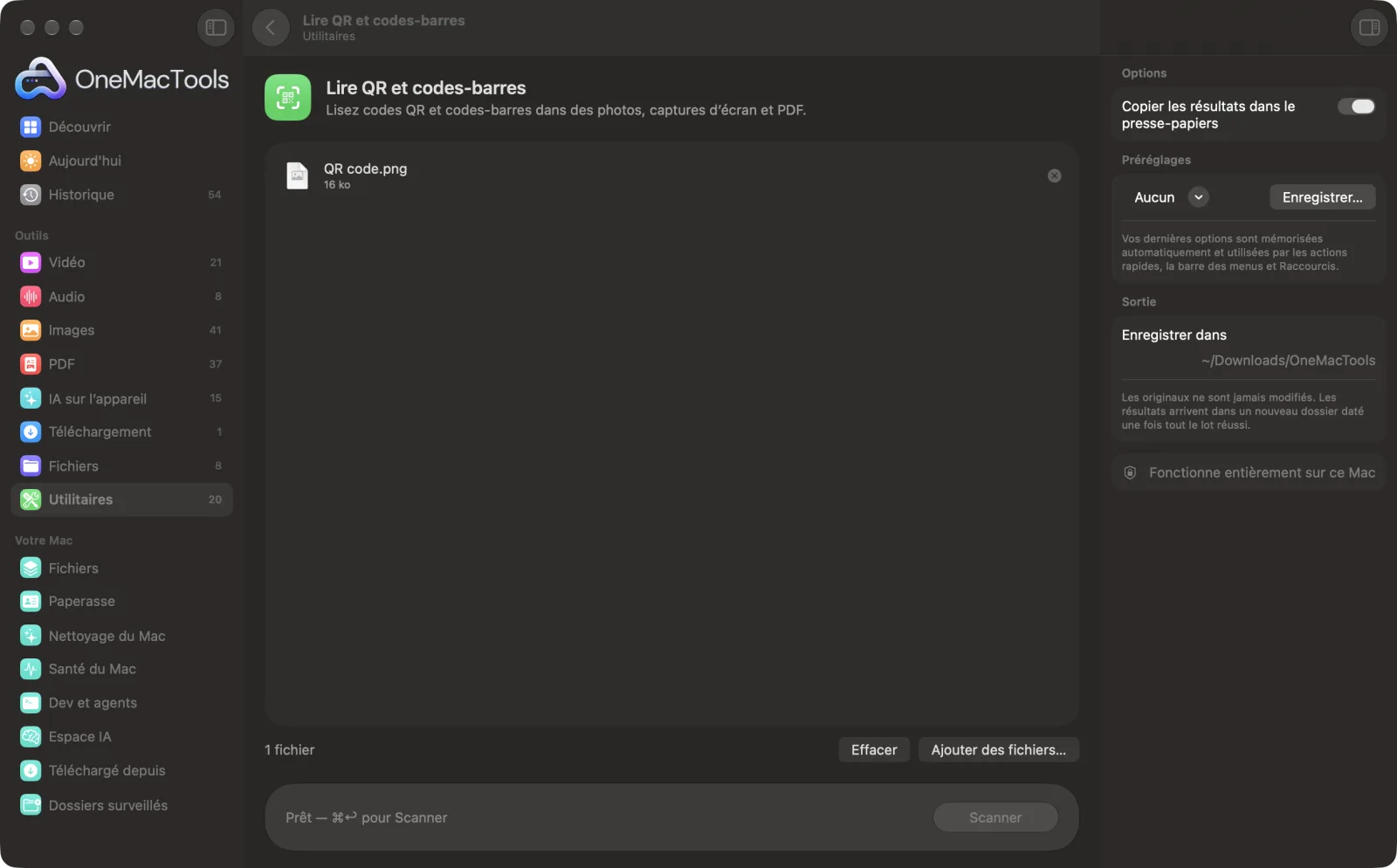 Lire QR et codes-barres dans OneMacTools sur un Mac, avec des fichiers d’exemple et ses options