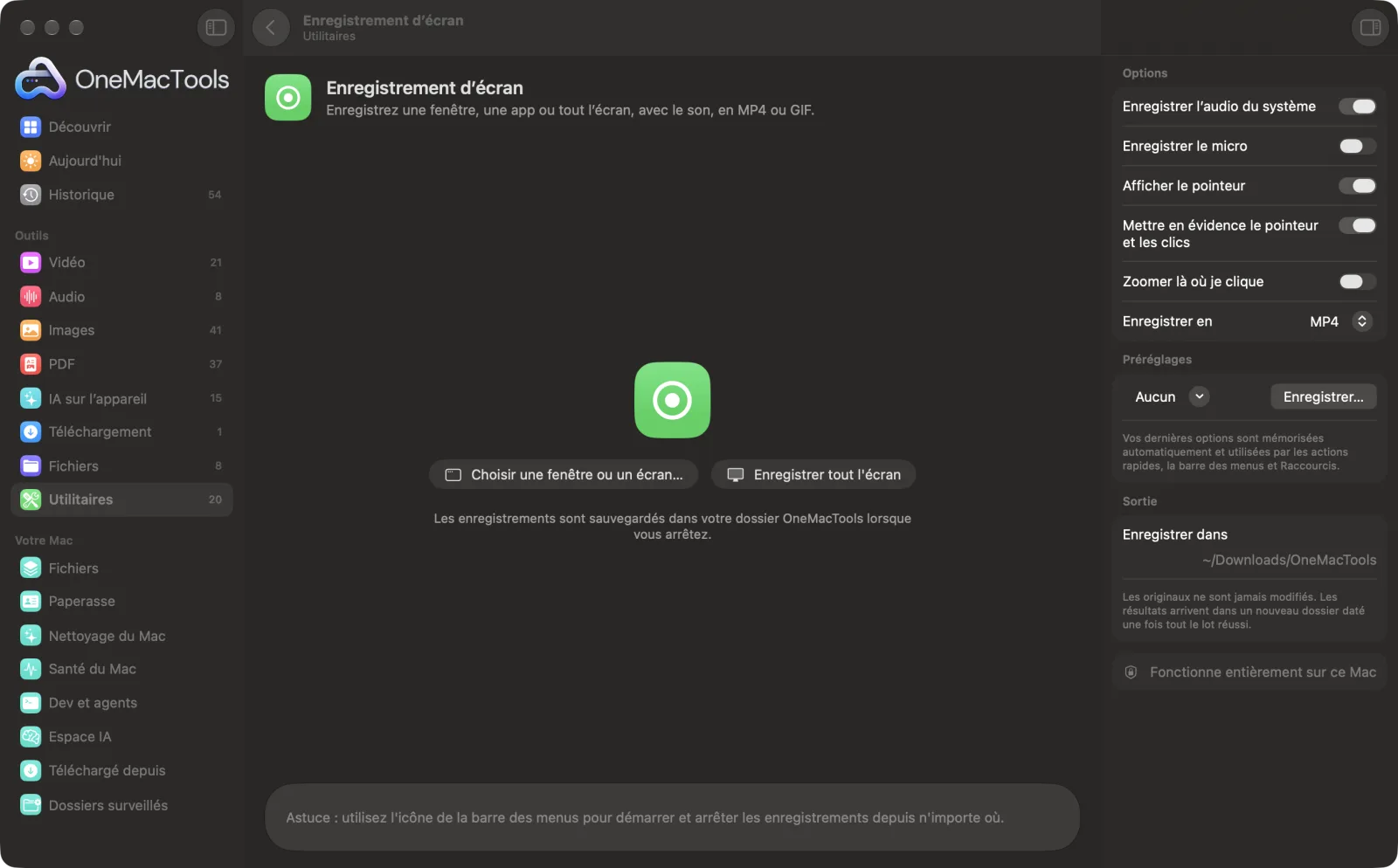 Enregistrement d’écran dans OneMacTools, avec des fichiers d’exemple chargés et le panneau d’options ouvert