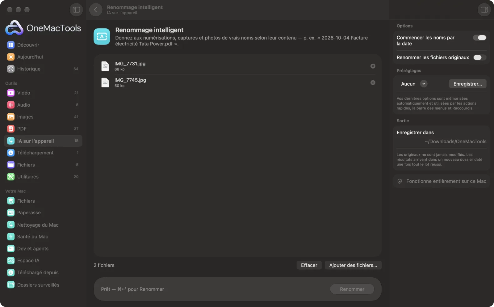 Renommage intelligent dans OneMacTools sur un Mac, avec des fichiers d’exemple et ses options