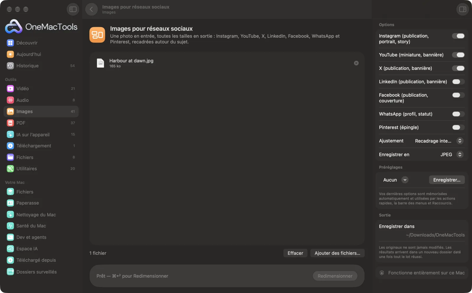 Images pour réseaux sociaux dans OneMacTools sur un Mac, avec des fichiers d’exemple et ses options
