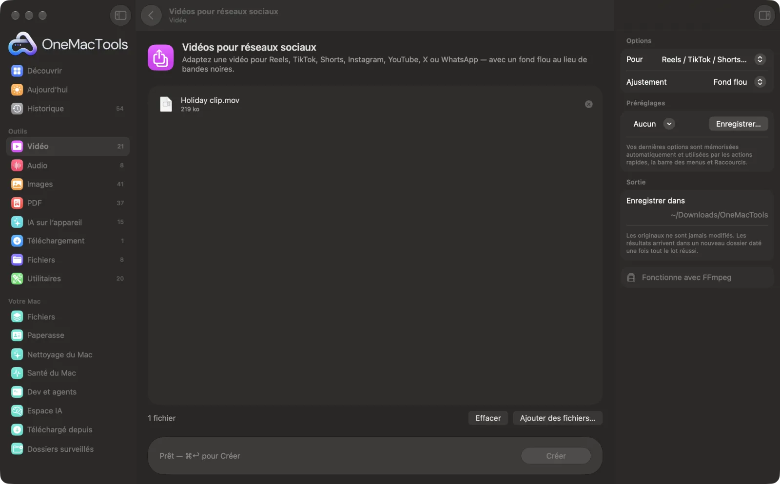 Vidéos pour réseaux sociaux dans OneMacTools, avec des fichiers d’exemple chargés et le panneau d’options ouvert