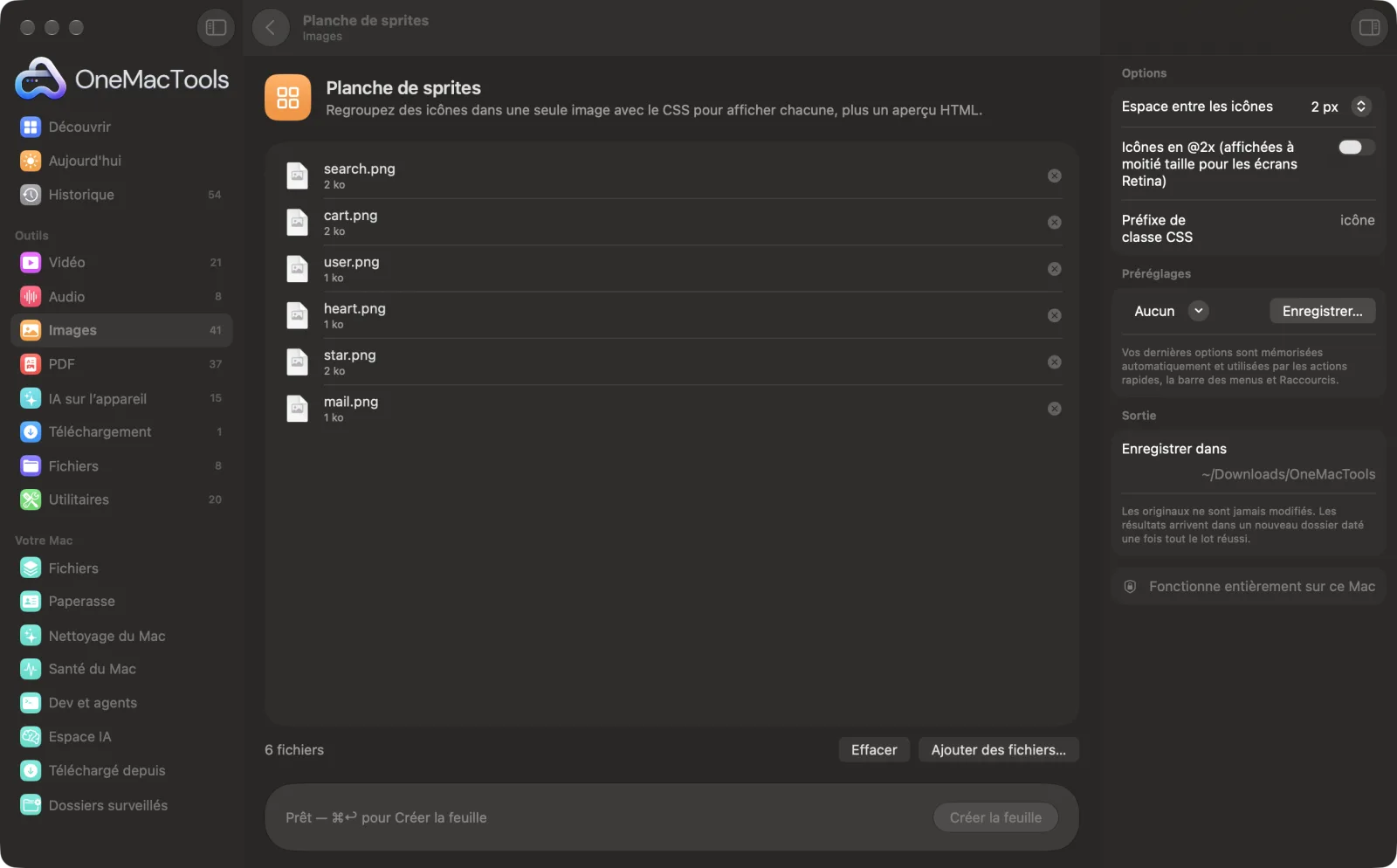 Planche de sprites dans OneMacTools sur un Mac, avec des fichiers d’exemple et ses options