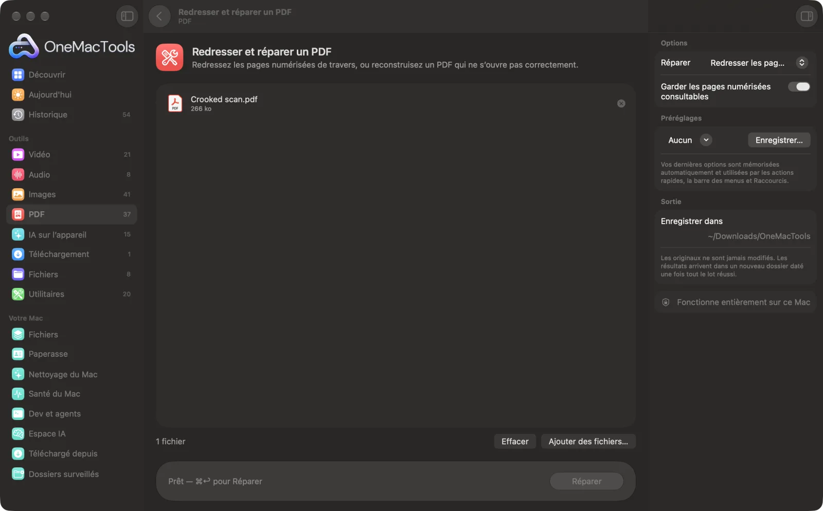 Redresser et réparer un PDF dans OneMacTools sur un Mac, avec des fichiers d’exemple et ses options