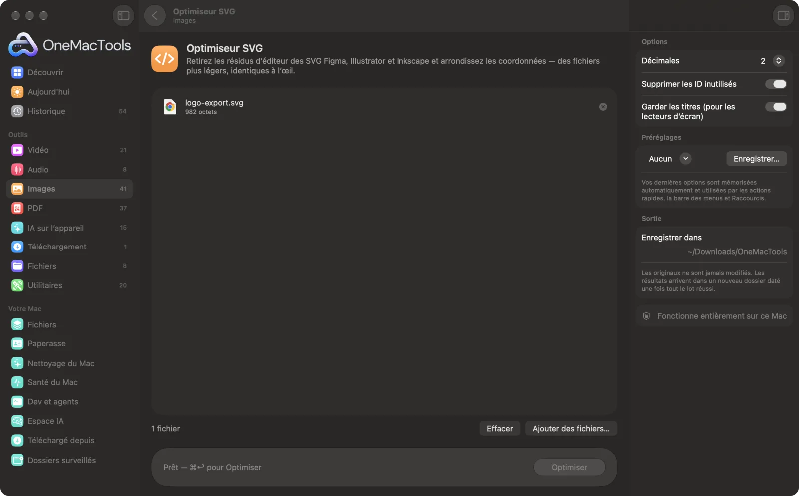 Optimiseur SVG dans OneMacTools sur un Mac, avec des fichiers d’exemple et ses options