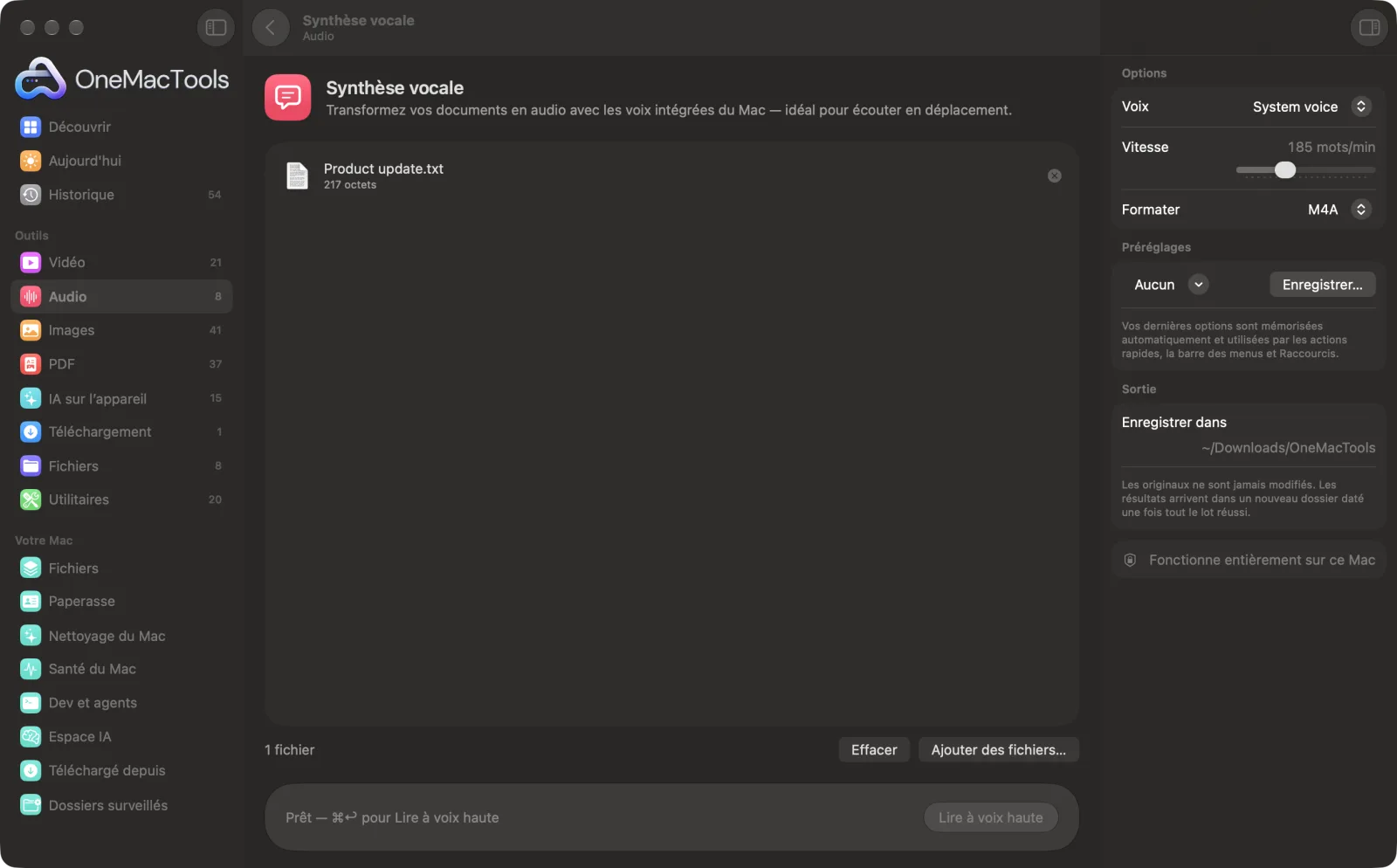 Synthèse vocale dans OneMacTools sur un Mac, avec des fichiers d’exemple et ses options