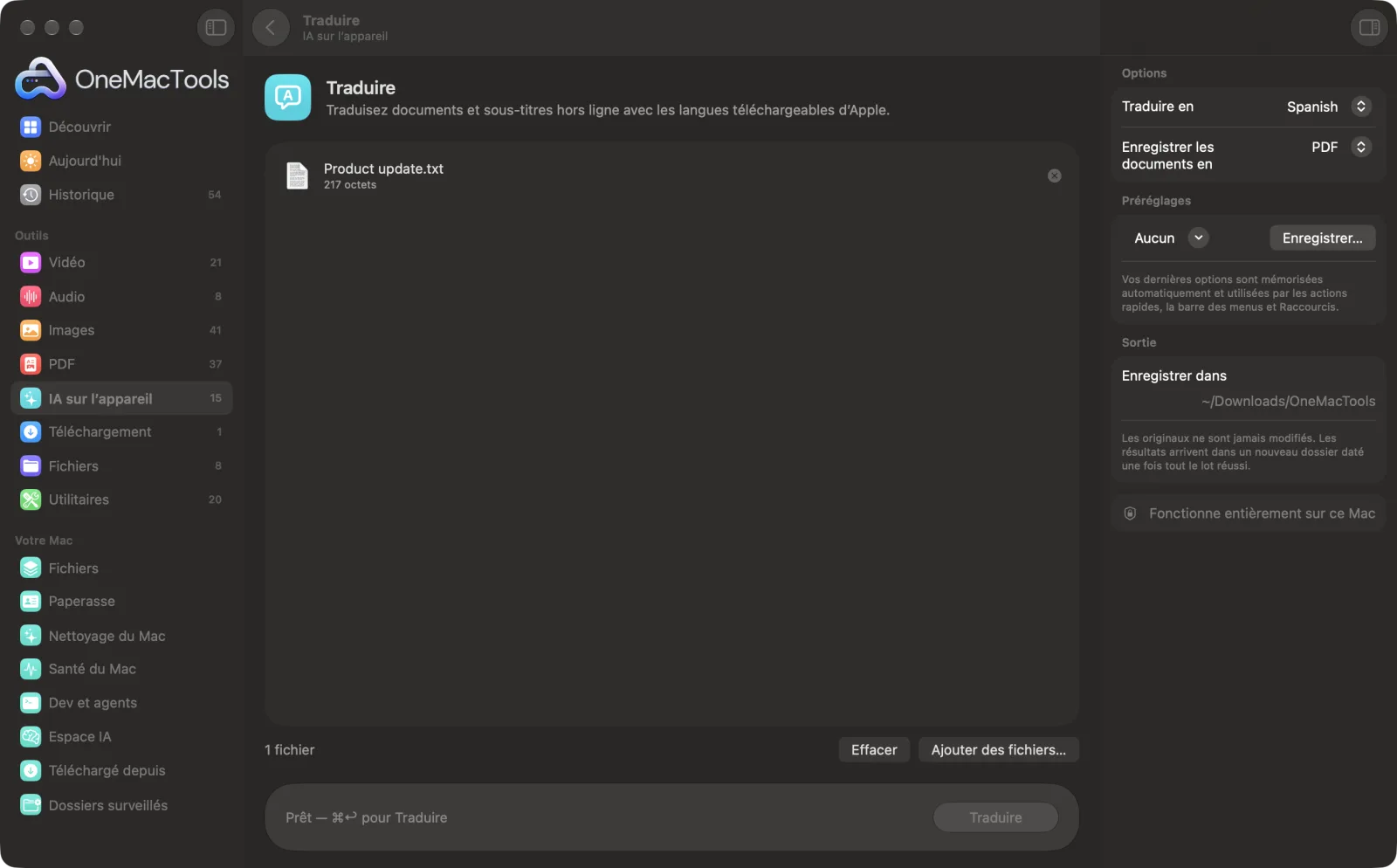Traduire dans OneMacTools sur un Mac, avec des fichiers d’exemple et ses options