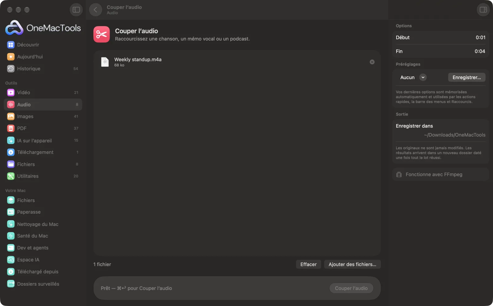 Couper l’audio dans OneMacTools sur un Mac, avec des fichiers d’exemple et ses options