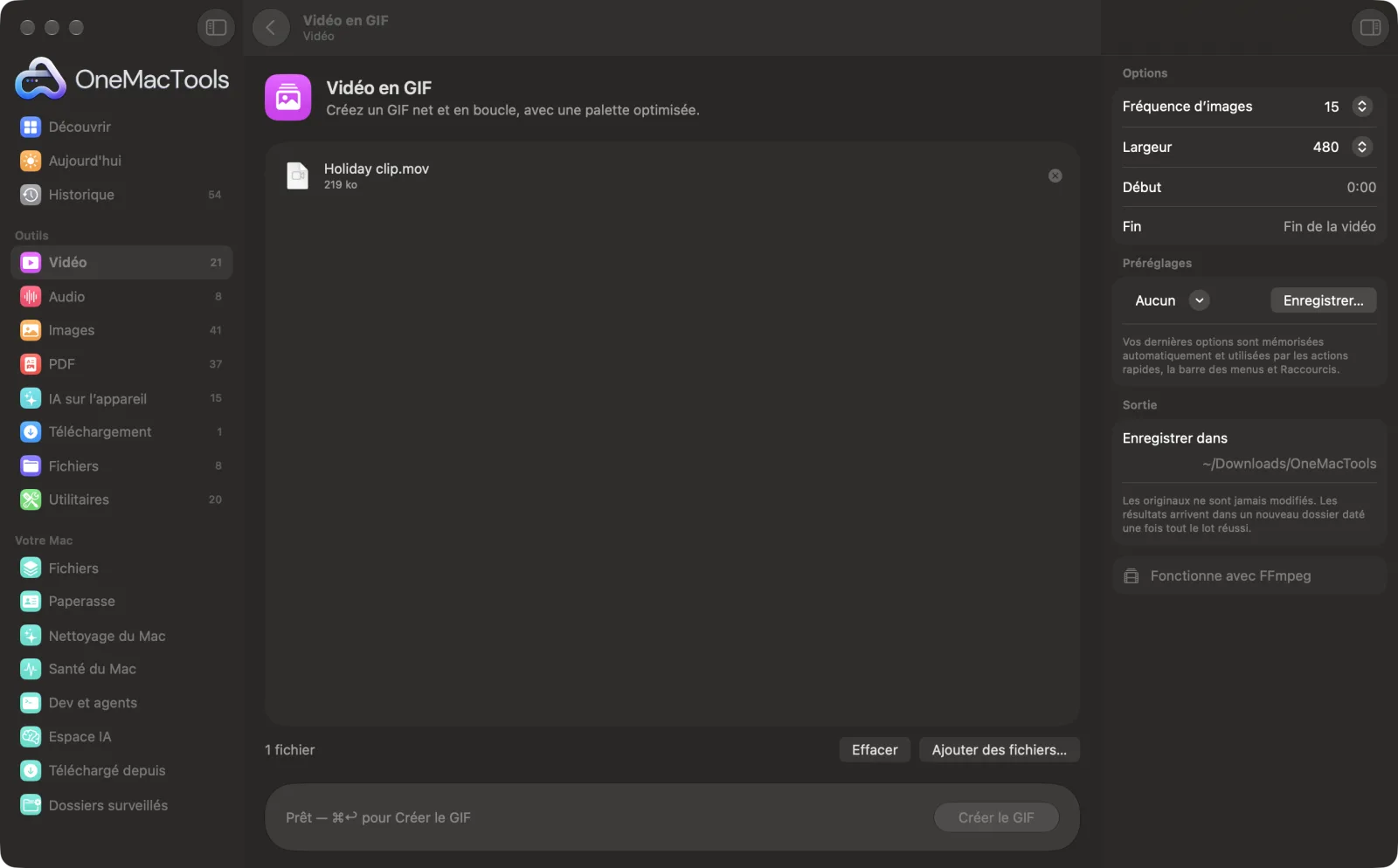 Vidéo en GIF dans OneMacTools sur un Mac, avec des fichiers d’exemple et ses options