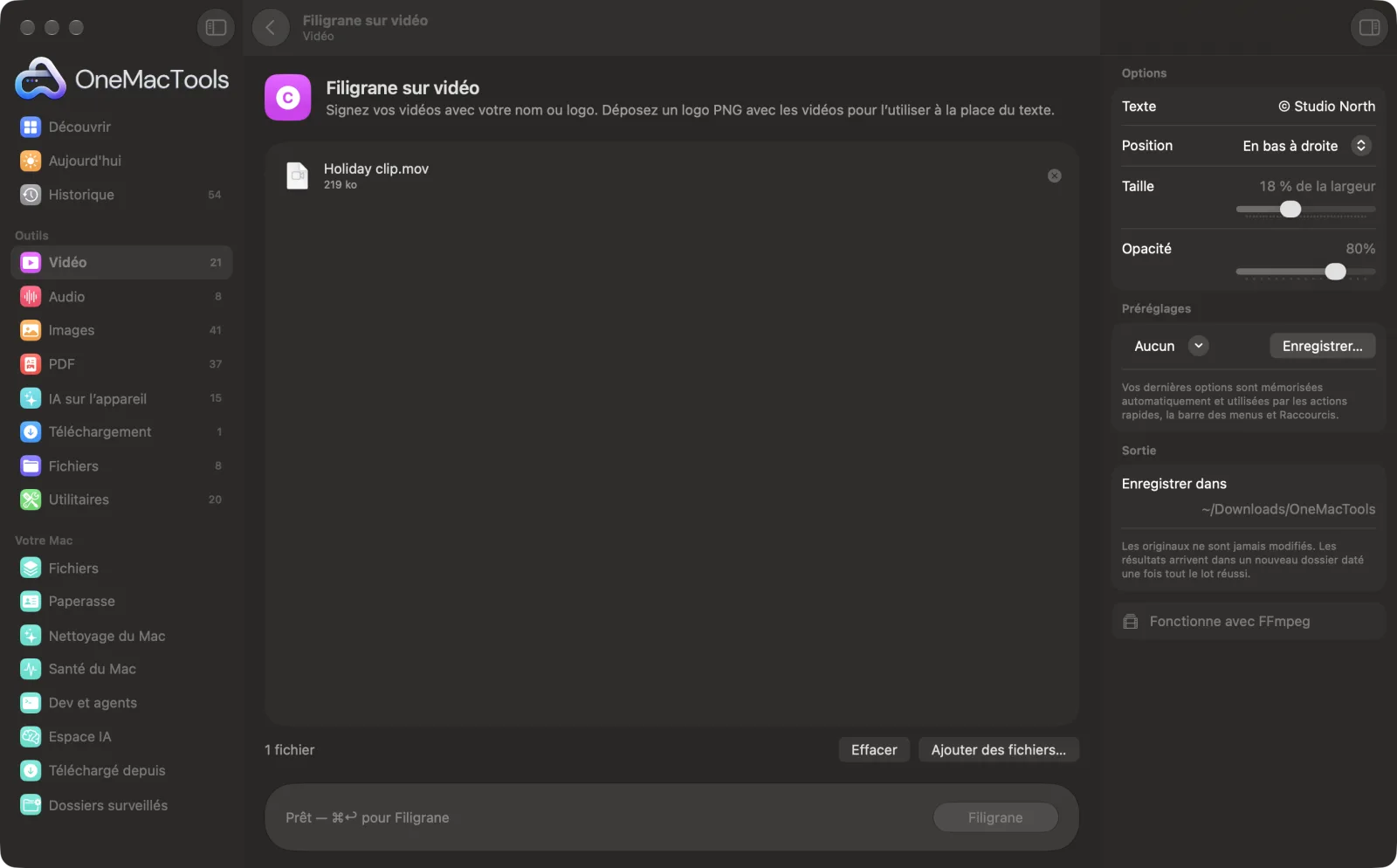 Filigrane sur vidéo dans OneMacTools sur un Mac, avec des fichiers d’exemple et ses options