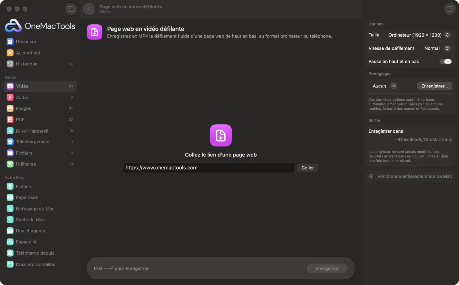 Page web en vidéo défilante dans OneMacTools sur un Mac, avec des fichiers d’exemple et ses options