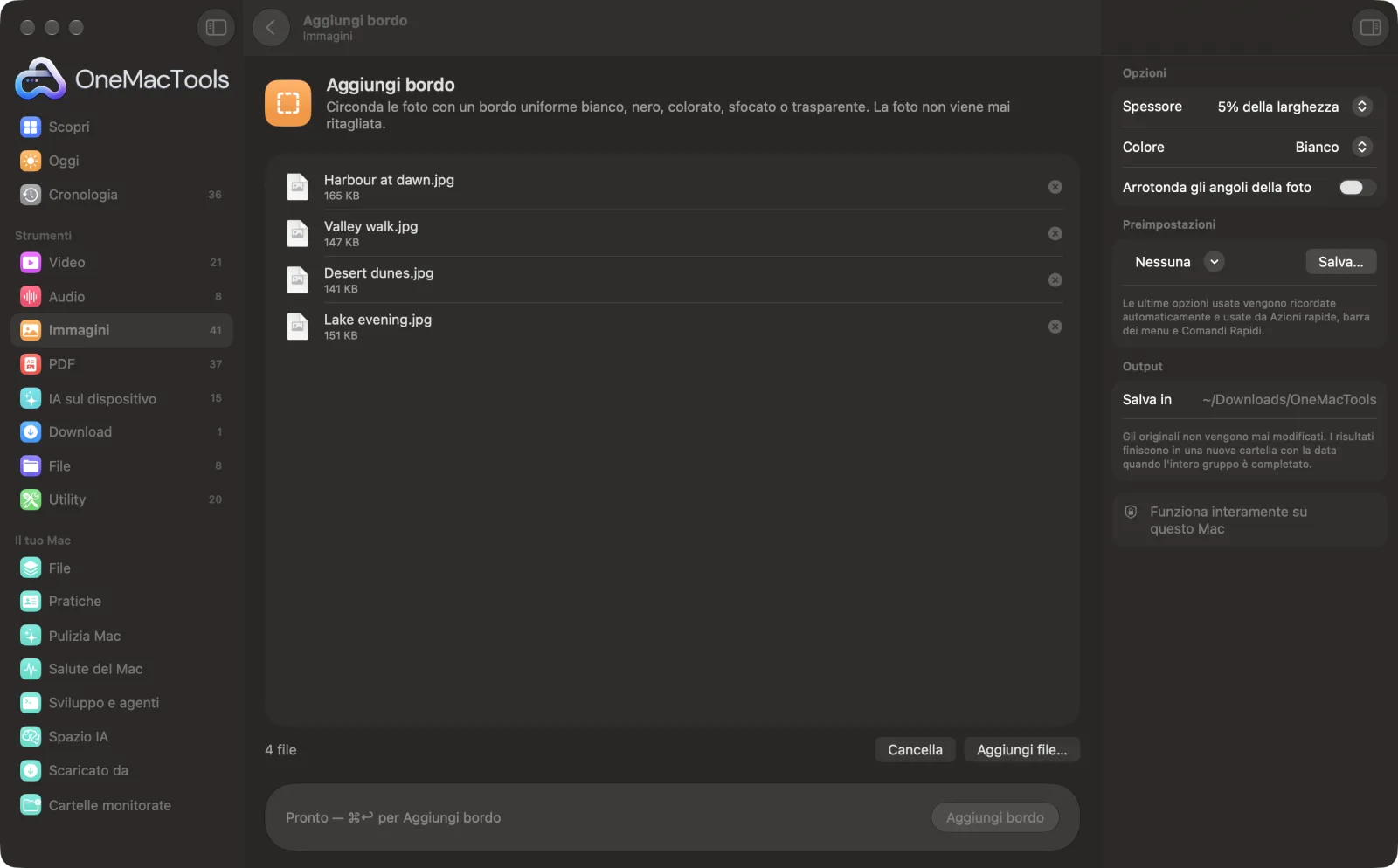 Aggiungi bordo in OneMacTools su un Mac, con file di esempio e le sue opzioni