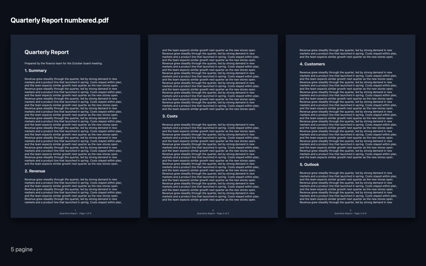 Il risultato di Numeri di pagina, intestazione e piè di pagina sui file di esempio