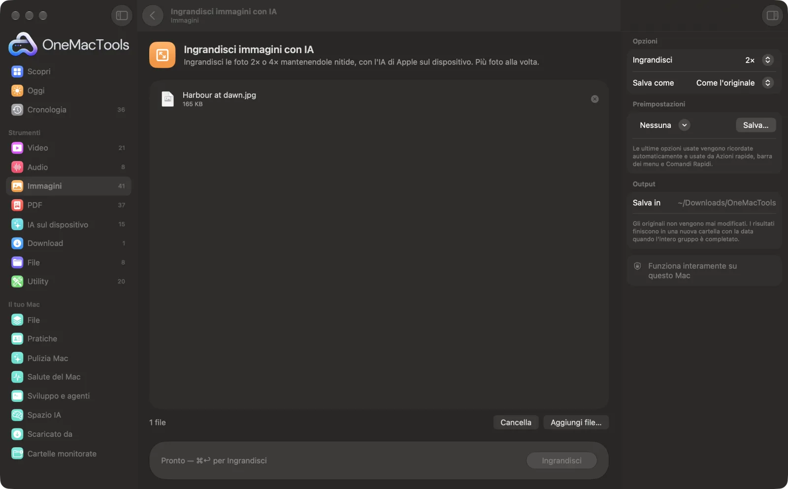 Ingrandisci immagini con IA in OneMacTools su un Mac, con file di esempio e le sue opzioni