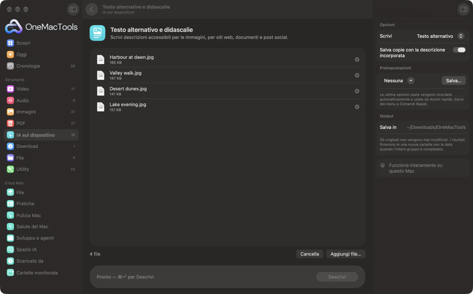 Testo alternativo e didascalie in OneMacTools su un Mac, con file di esempio e le sue opzioni