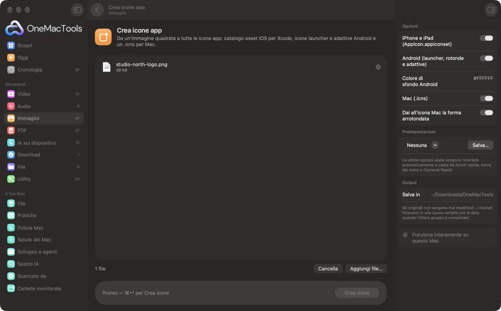Crea icone app in OneMacTools su un Mac, con file di esempio e le sue opzioni