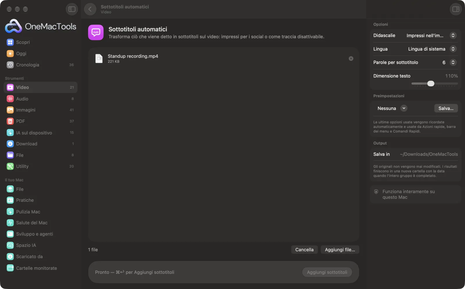 Sottotitoli automatici in OneMacTools su un Mac, con file di esempio e le sue opzioni
