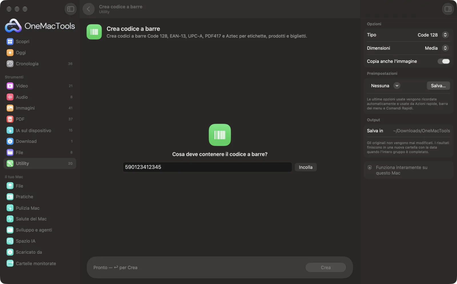 Crea codice a barre in OneMacTools con file di esempio caricati e il pannello delle opzioni aperto