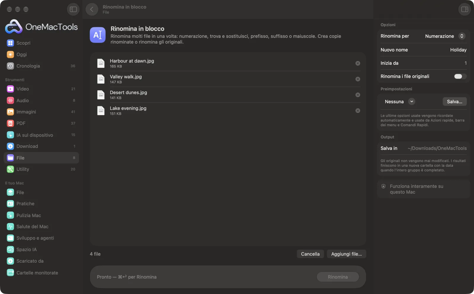 Rinomina in blocco in OneMacTools su un Mac, con file di esempio e le sue opzioni