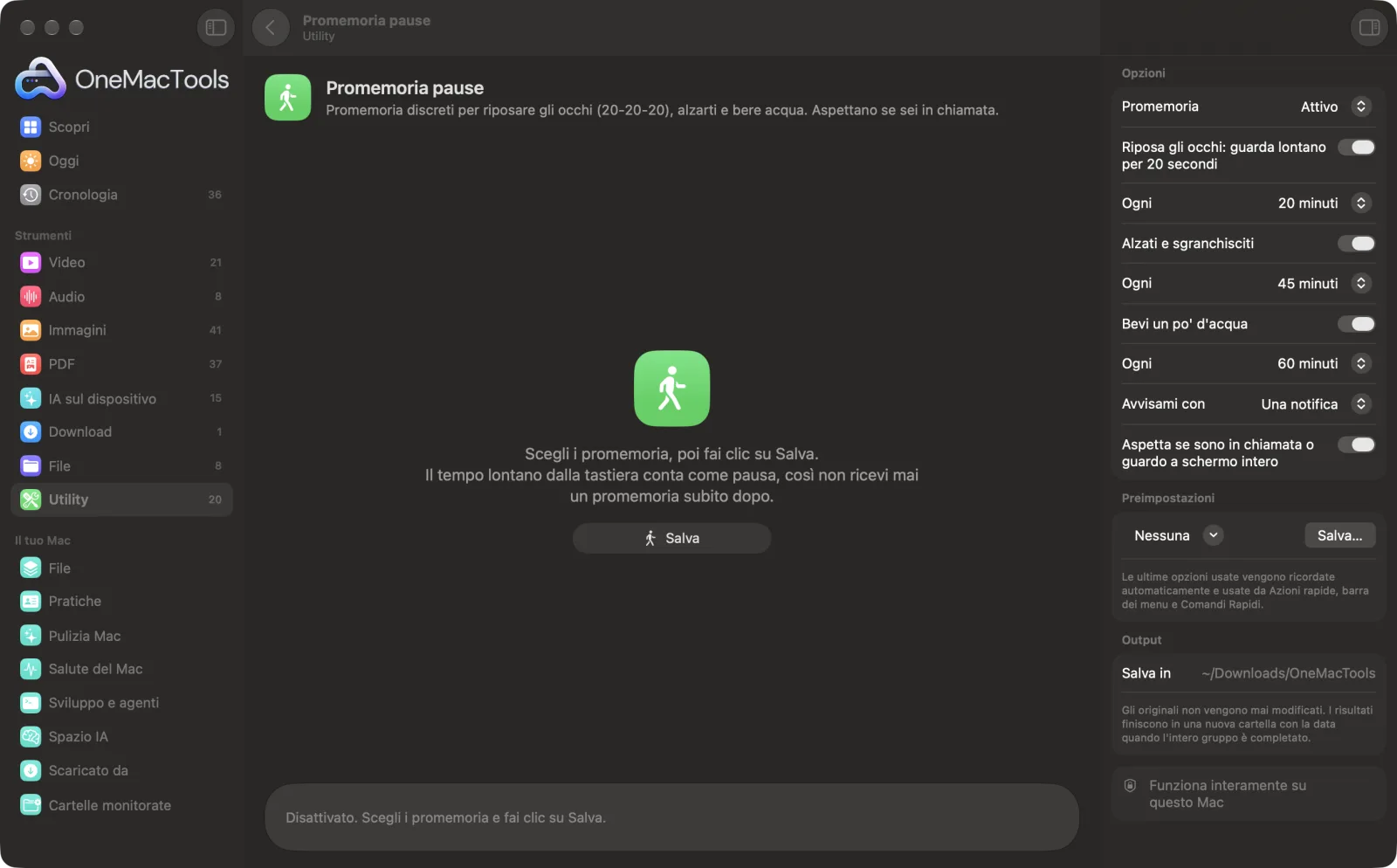 Promemoria pause in OneMacTools su un Mac, con file di esempio e le sue opzioni