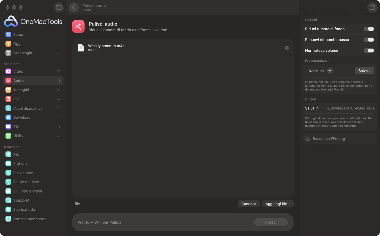 Pulisci audio in OneMacTools su un Mac, con file di esempio e le sue opzioni