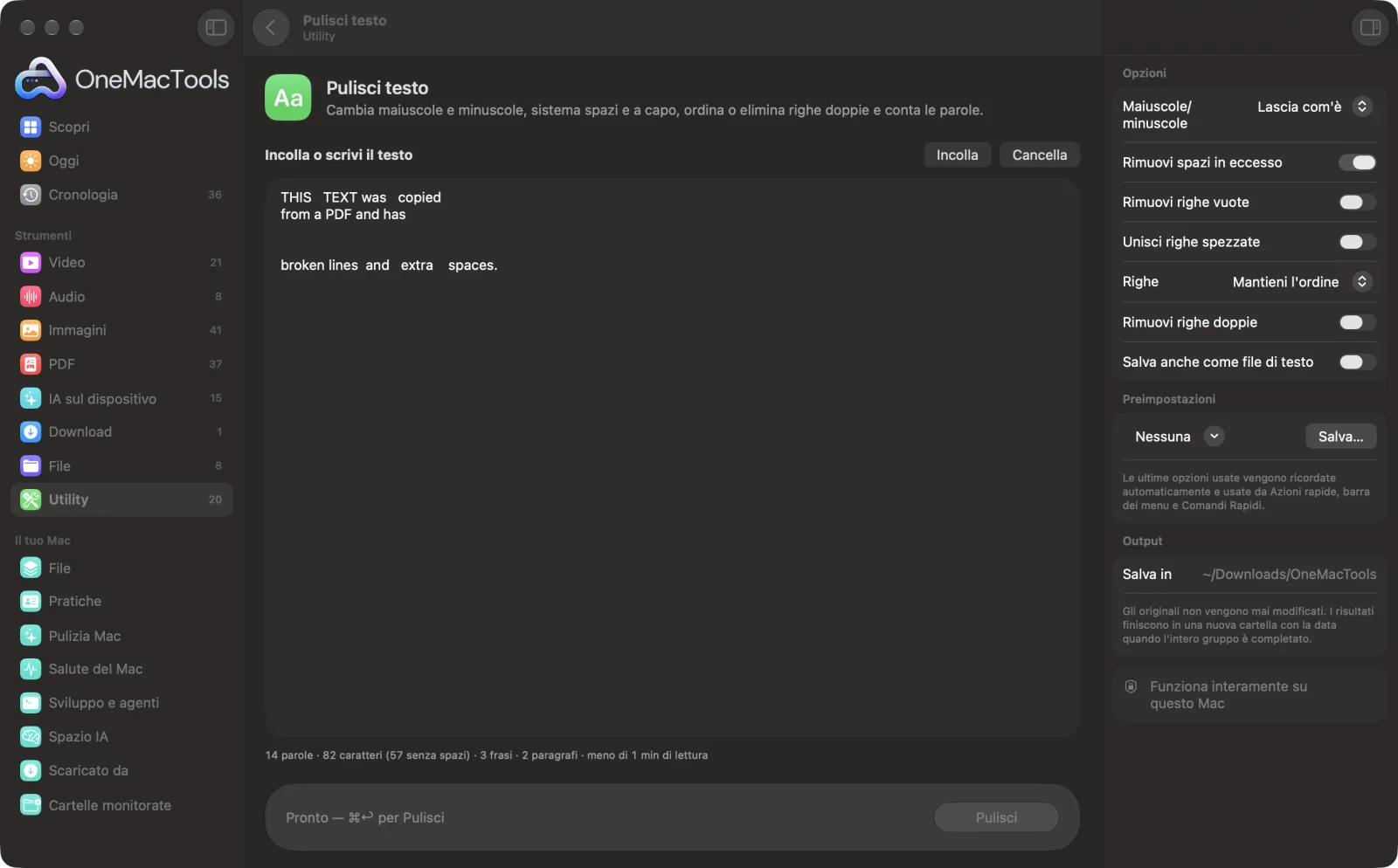 Pulisci testo in OneMacTools con file di esempio caricati e il pannello delle opzioni aperto