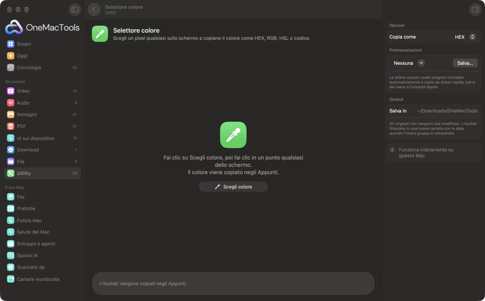 Selettore colore in OneMacTools su un Mac, con file di esempio e le sue opzioni