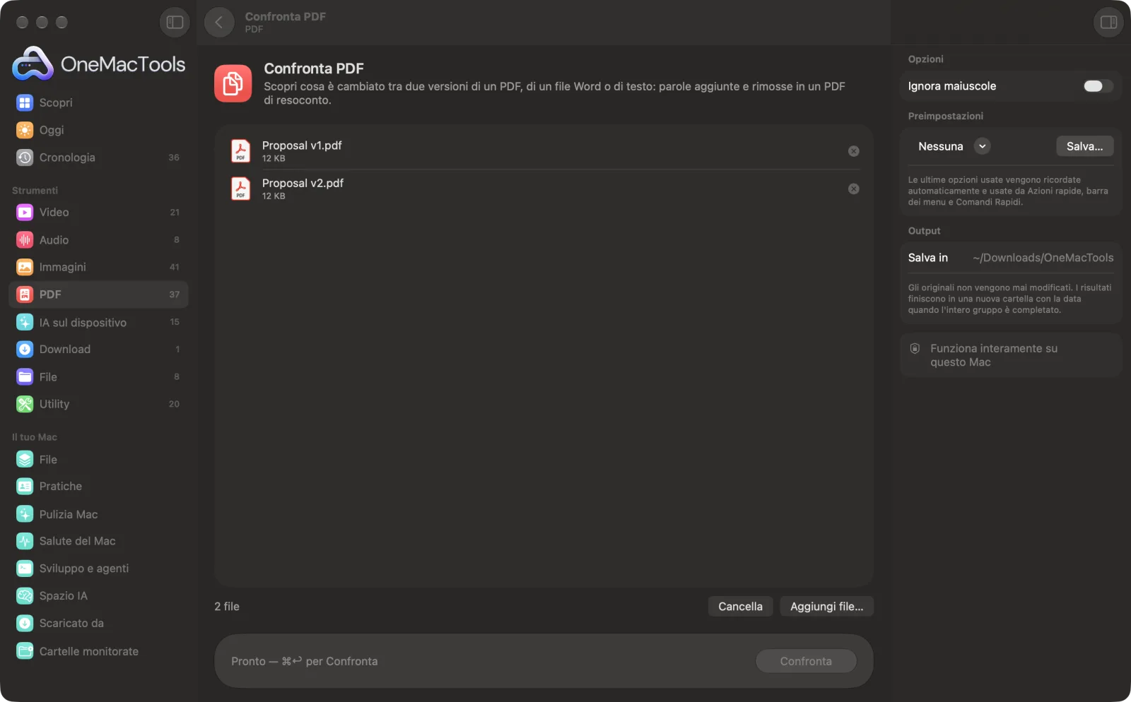 Confronta PDF in OneMacTools su un Mac, con file di esempio e le sue opzioni