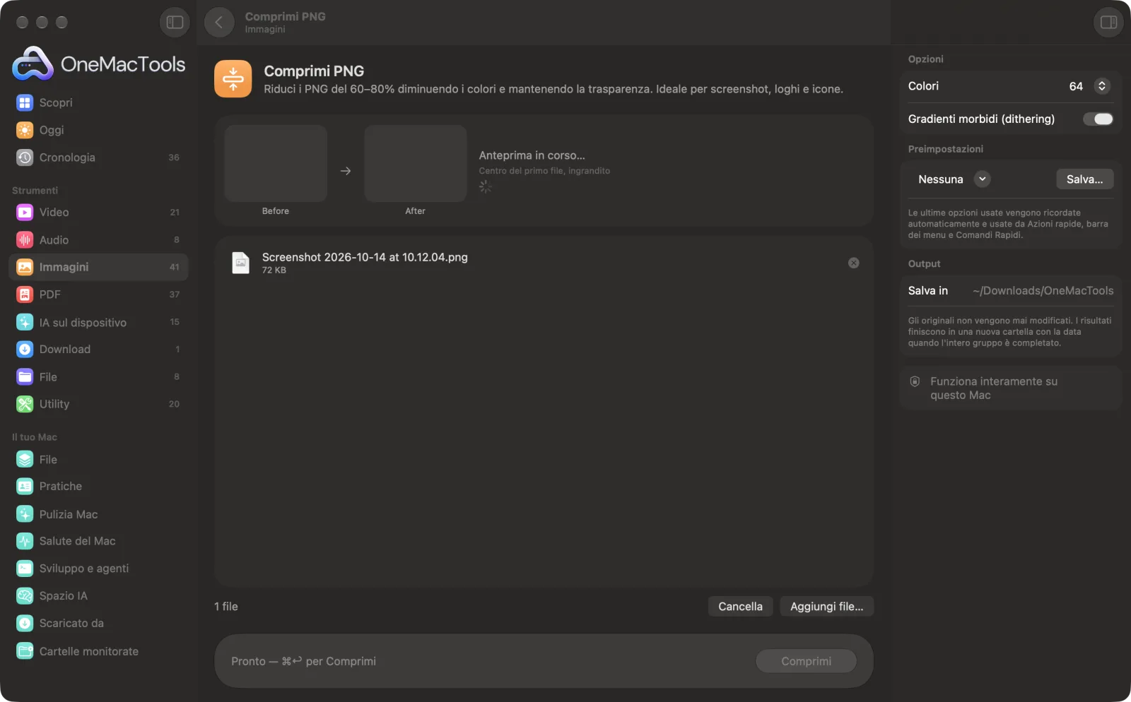 Comprimi PNG in OneMacTools su un Mac, con file di esempio e le sue opzioni