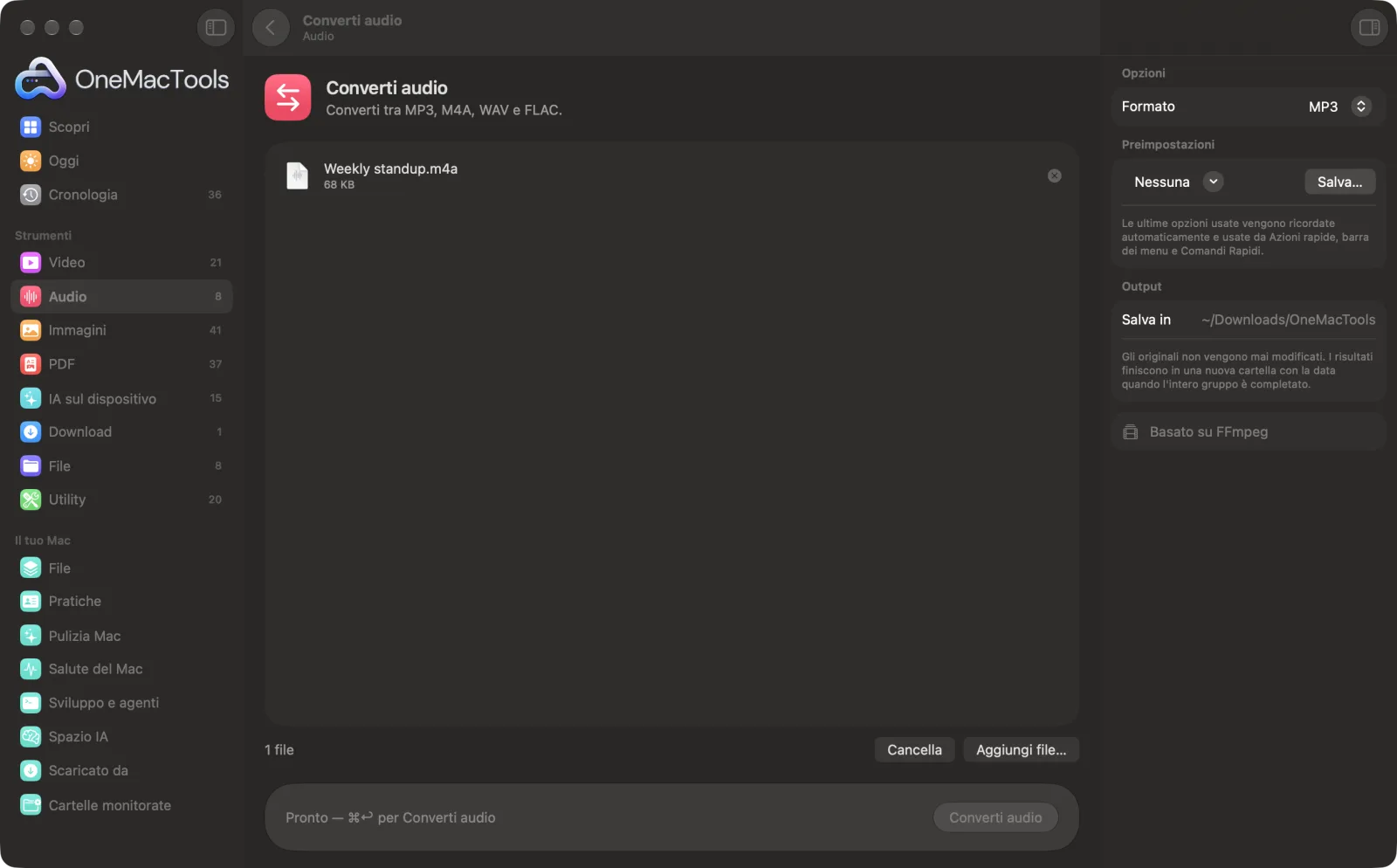 Converti audio in OneMacTools su un Mac, con file di esempio e le sue opzioni