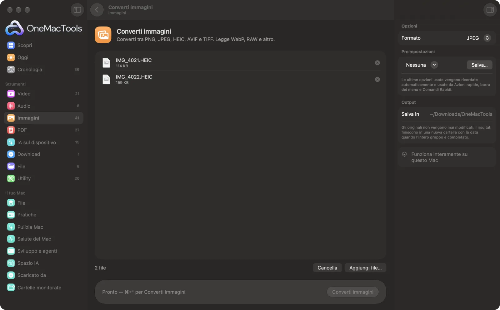 Converti immagini in OneMacTools con file di esempio caricati e il pannello delle opzioni aperto