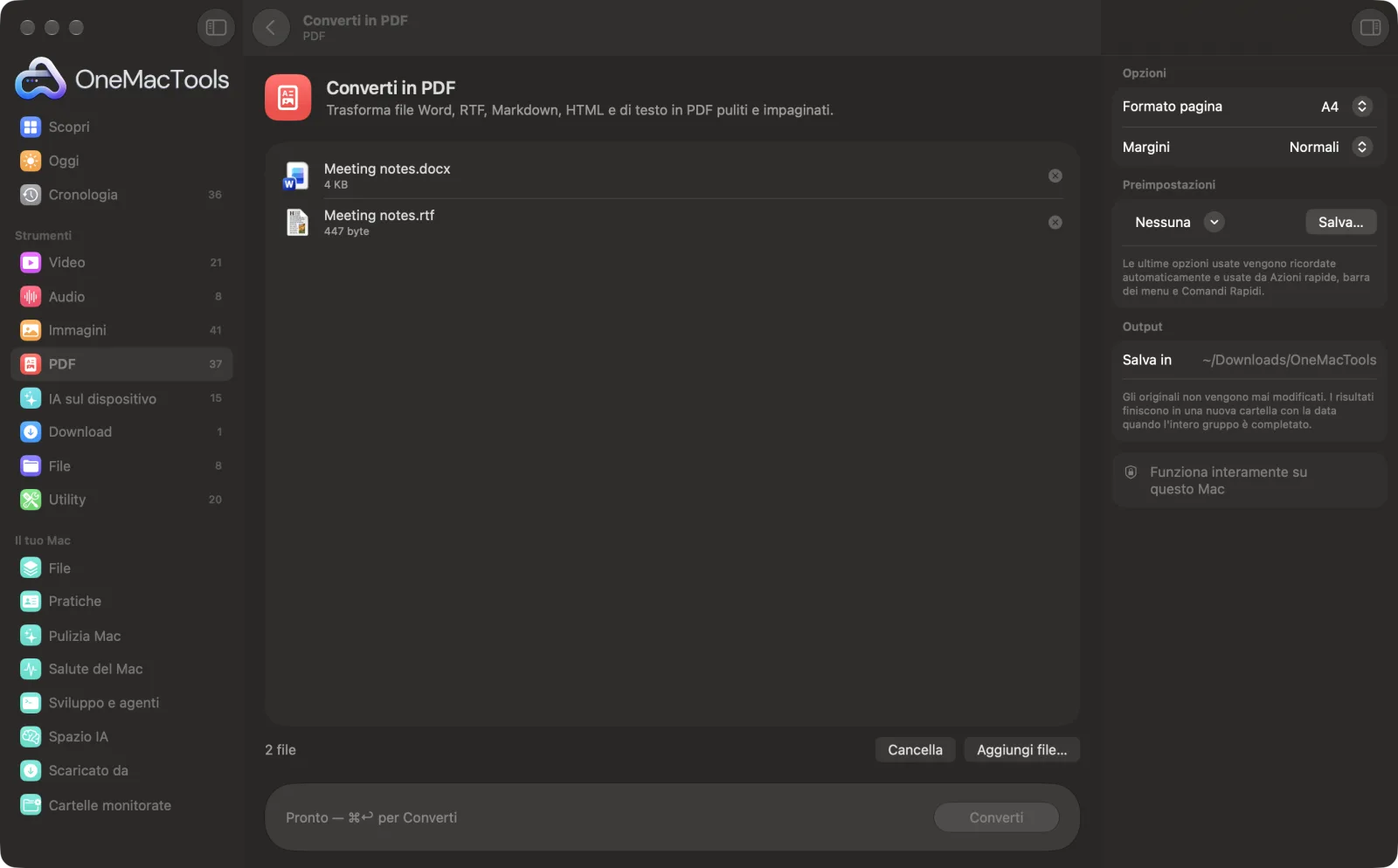 Converti in PDF in OneMacTools su un Mac, con file di esempio e le sue opzioni