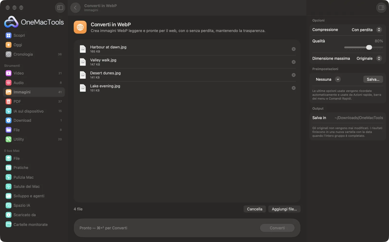 Converti in WebP in OneMacTools su un Mac, con file di esempio e le sue opzioni