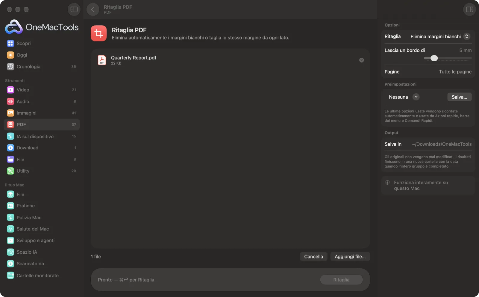 Ritaglia PDF in OneMacTools su un Mac, con file di esempio e le sue opzioni