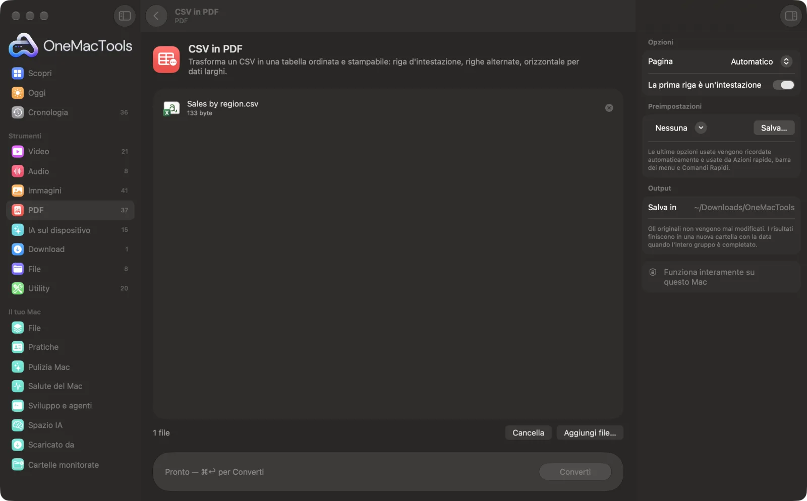 CSV in PDF in OneMacTools su un Mac, con file di esempio e le sue opzioni