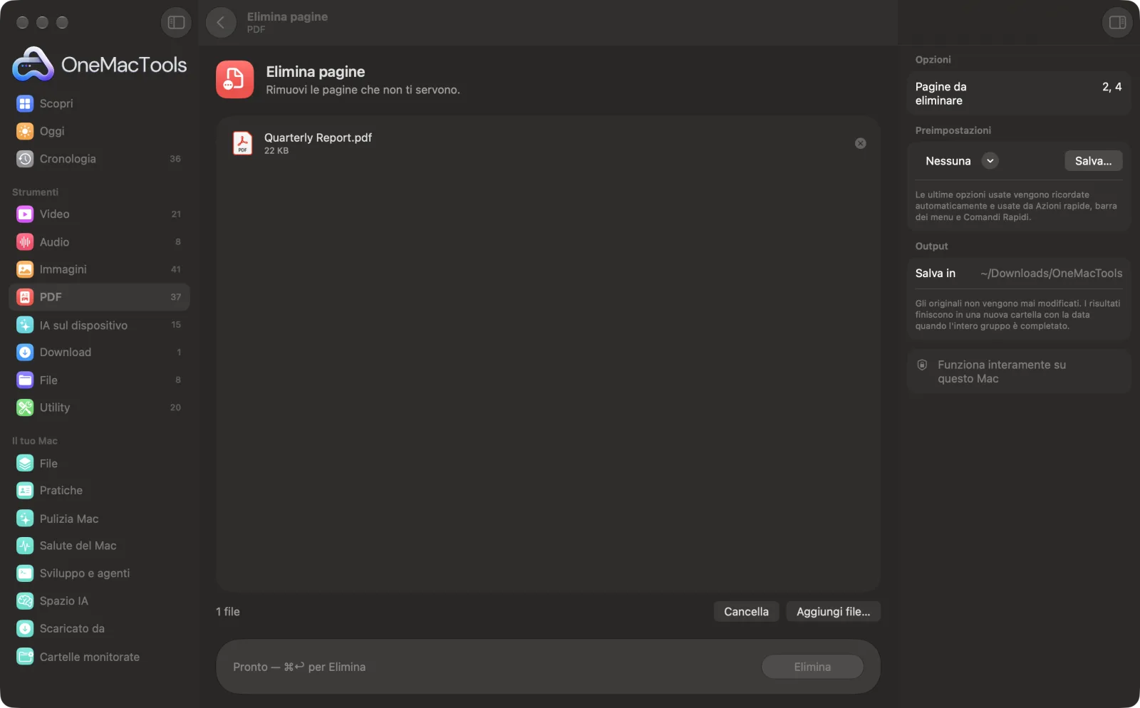 Elimina pagine in OneMacTools su un Mac, con file di esempio e le sue opzioni