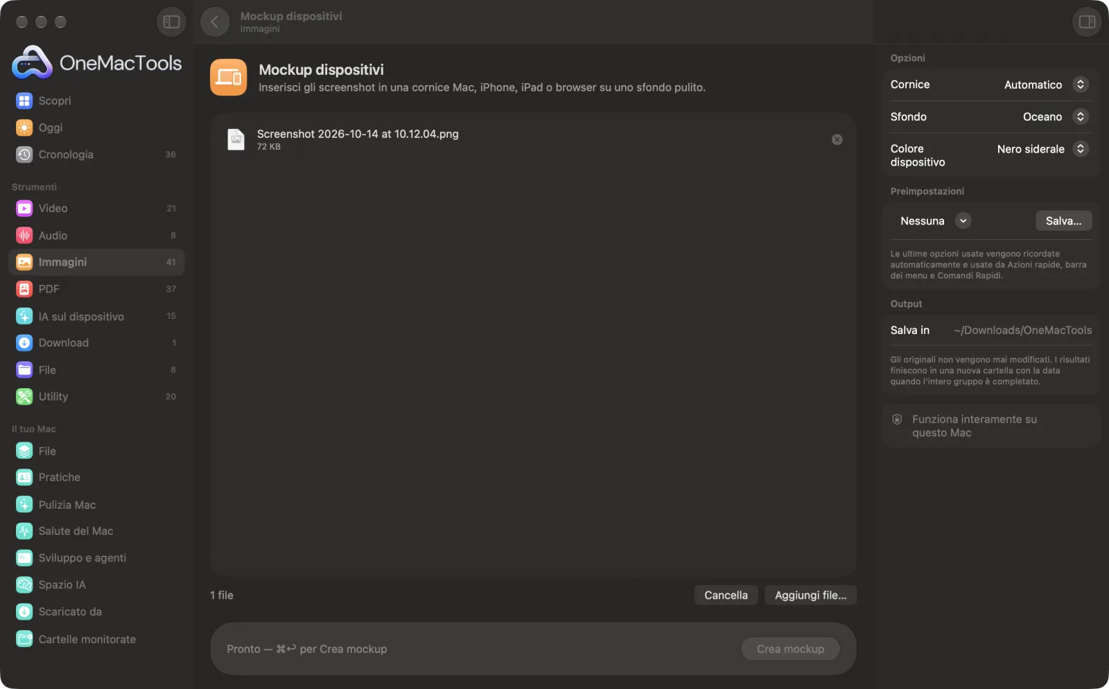 Mockup dispositivi in OneMacTools su un Mac, con file di esempio e le sue opzioni