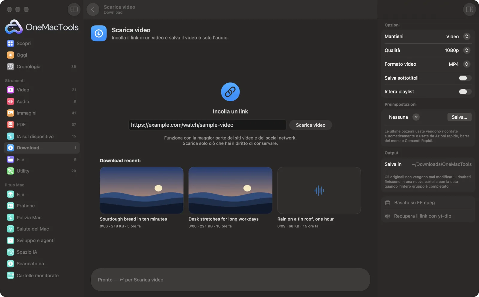 Scarica video in OneMacTools su un Mac, con file di esempio e le sue opzioni