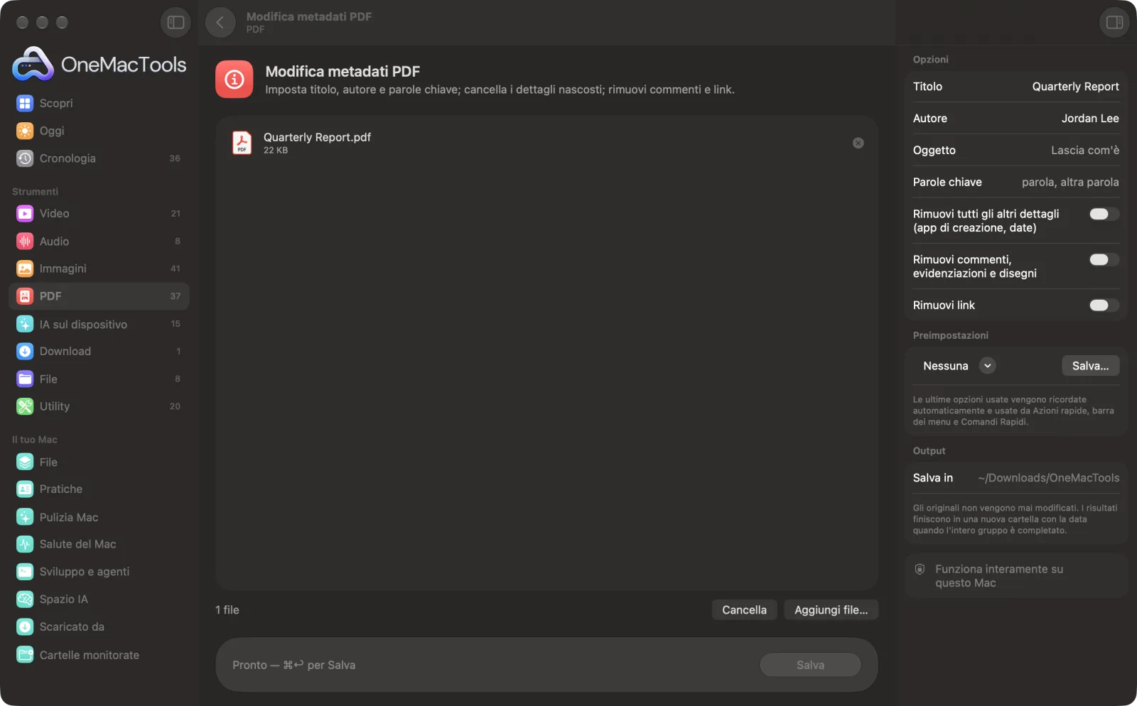 Modifica metadati PDF in OneMacTools su un Mac, con file di esempio e le sue opzioni