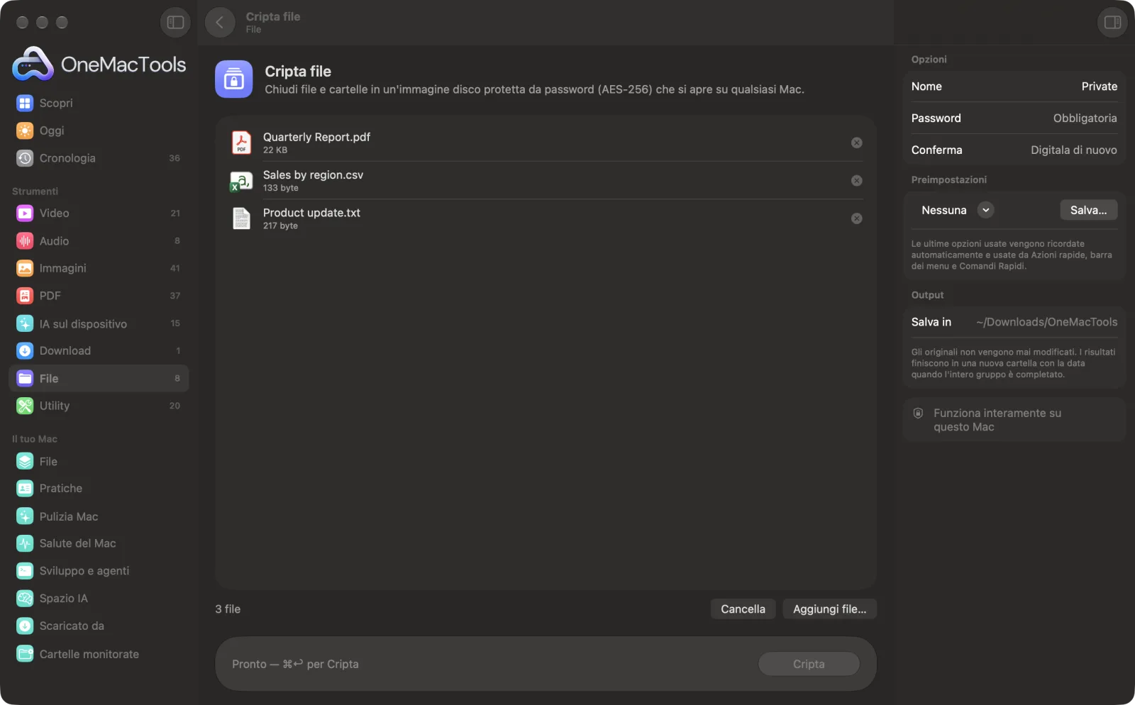 Cripta file in OneMacTools su un Mac, con file di esempio e le sue opzioni