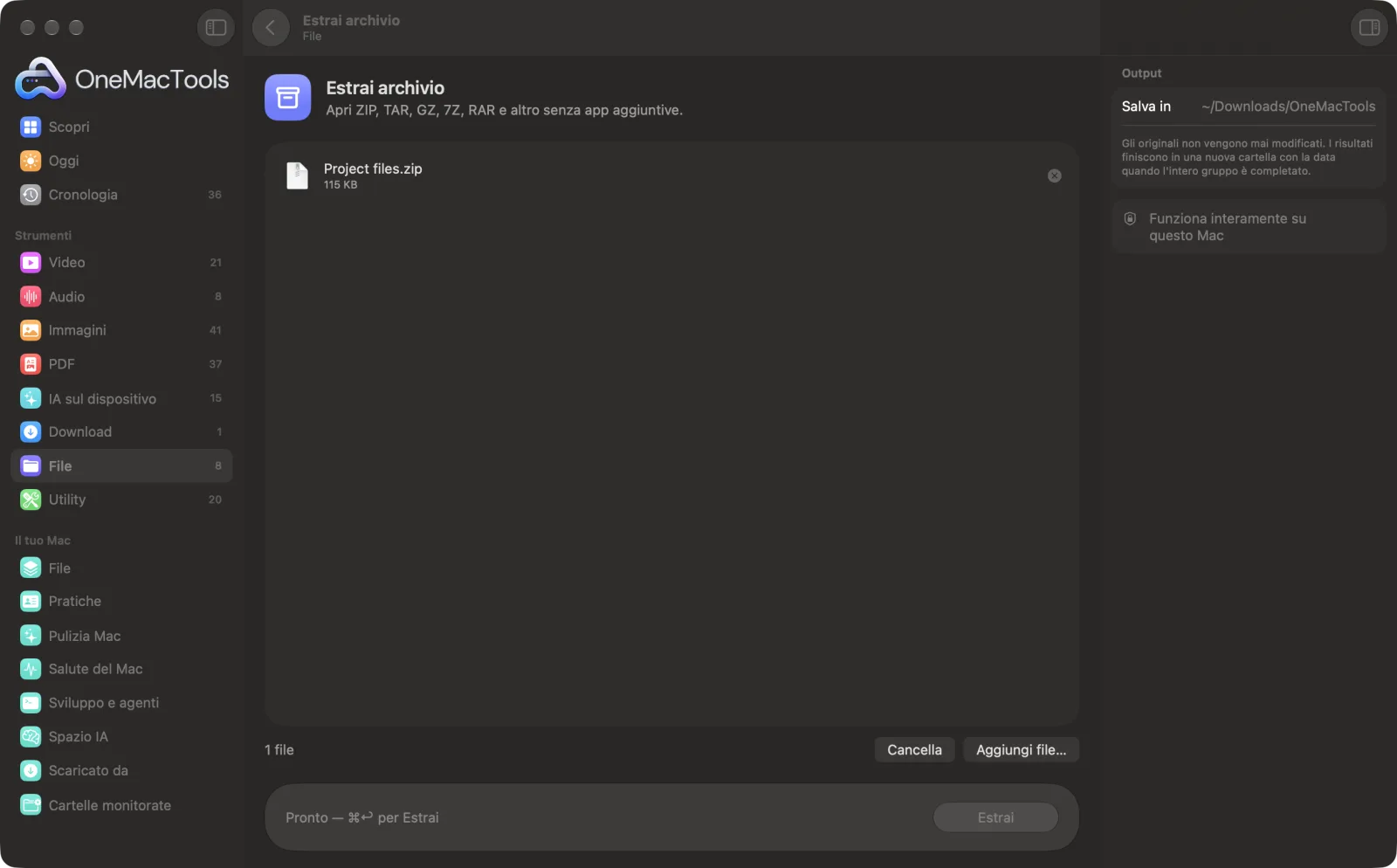 Estrai archivio in OneMacTools su un Mac, con file di esempio e le sue opzioni